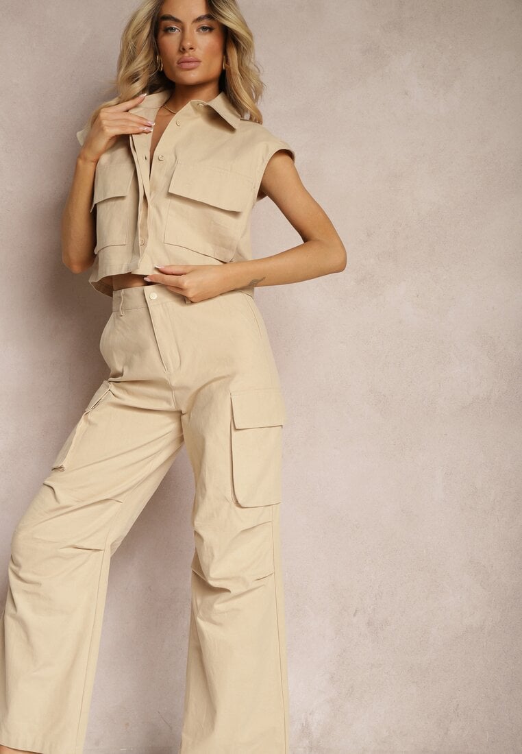 Set Bej din Bumbac Pantaloni stil cargo Cămașă încheiată cu nasturi cu Buzunare Dimnas