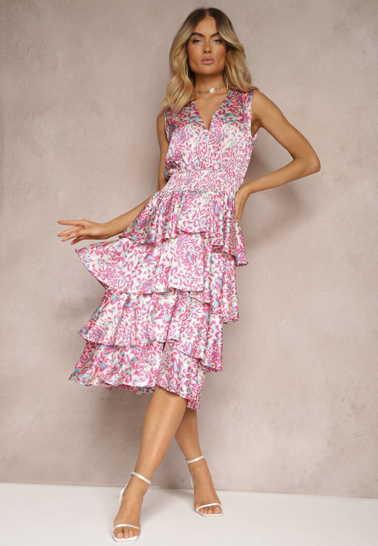 Rochie petrecută Roz cu elastic în talie și volane Dimolla