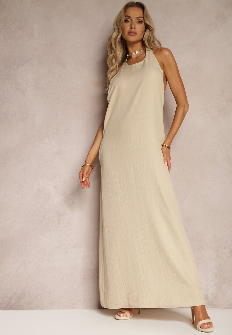 Rochie bejă tip trapez cu buzunare și legătură la gât Nestaulia