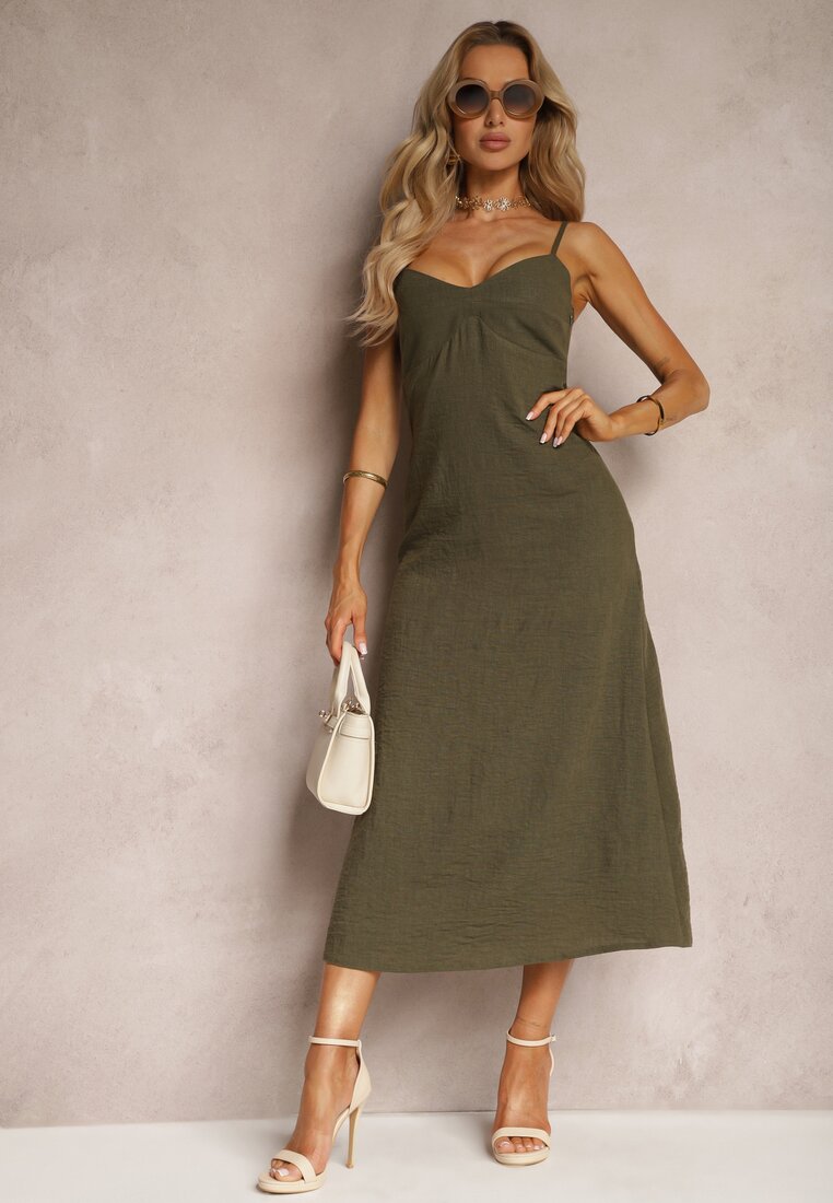 Rochie evazată verde cu bretele cu decolteu triunghiular Tiamavera