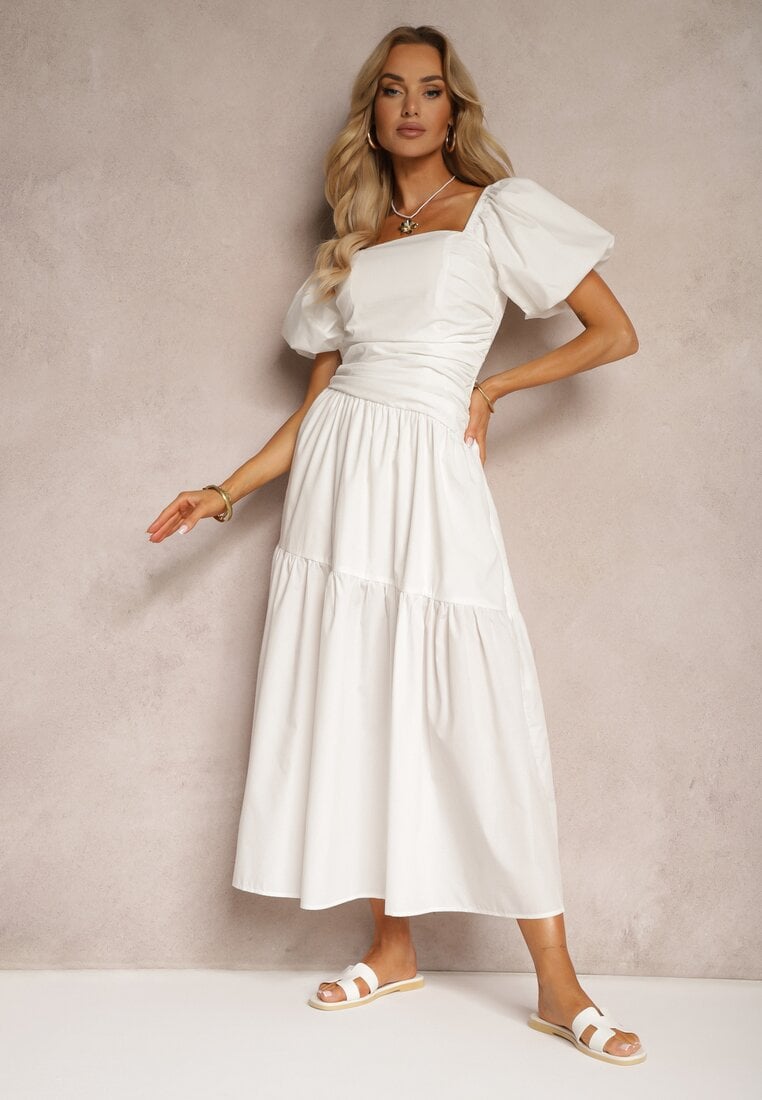 Rochie Albă cu Încrețituri și Viscoză Decorată cu Mâneci Bufante și Volan Monvia