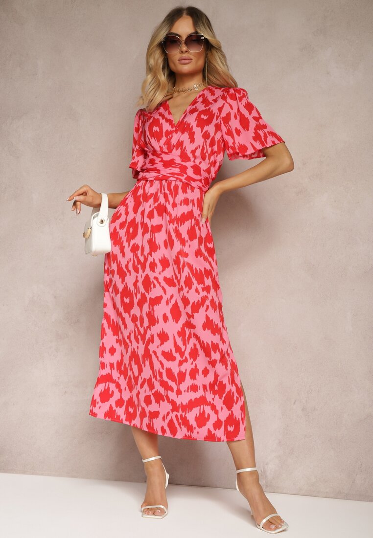 Rochie Roșu-Roz cu Decolteu Petrecut și Decupaje Decorative cu Elastic în Talie și Curea Bonlea