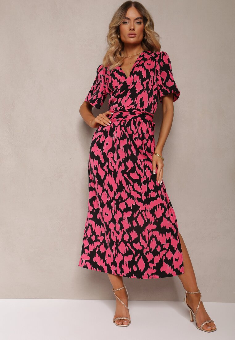 Rochie Negru-Roz cu Decolteu suprapus și Decupaje decorative cu elastic în talie și Curea Bonlea