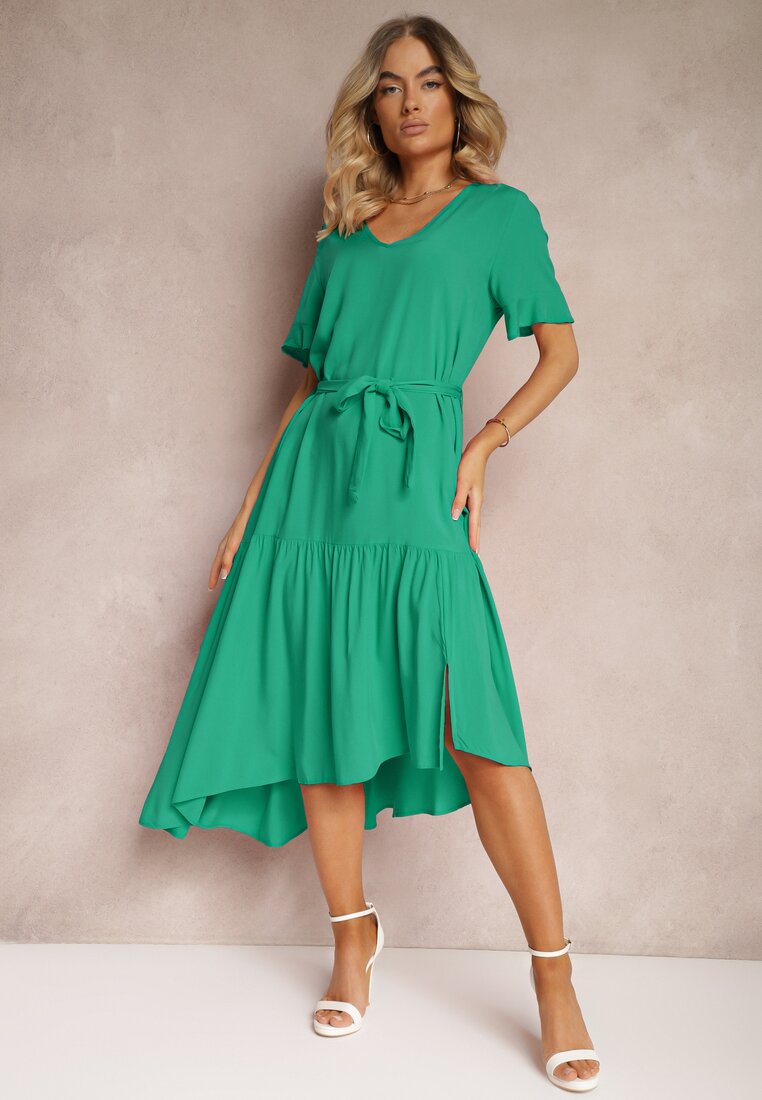Rochie Tip Cutie Verde Închis cu Volane și Curea din Material în Talie Dimrias