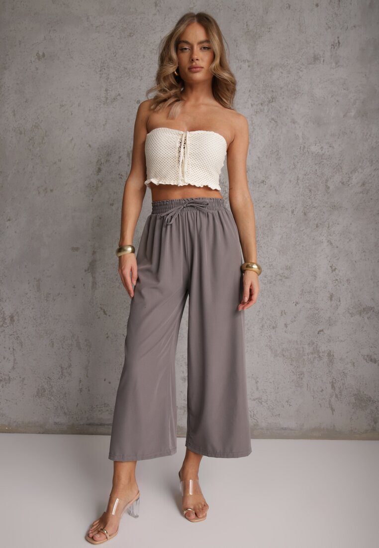 Pantaloni Gri Talie înaltă cu craci largi din viscoză cu elastic în talie Crisantas