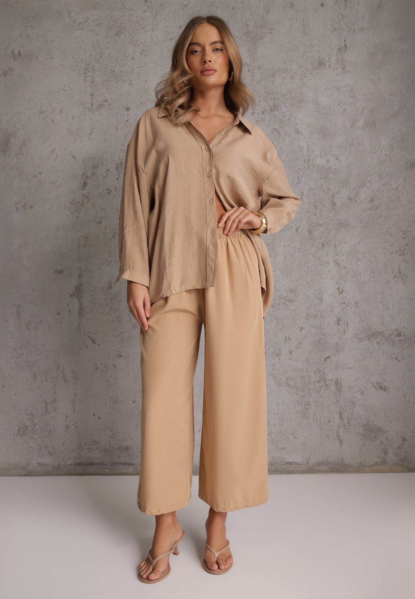 Pantaloni Bej High Waist cu Picioare Largi din Viscoză Finisați cu Elastic în Talie Crisantas