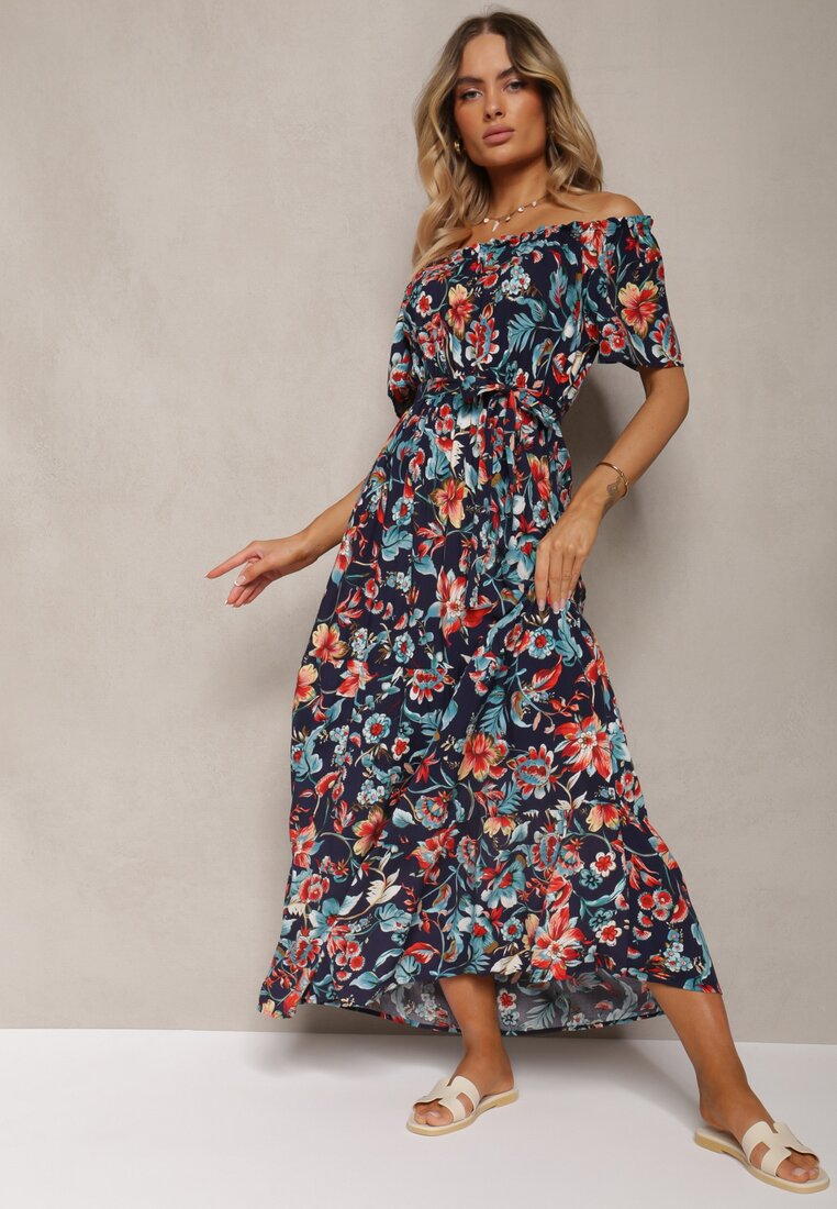 Rochie bleumarin-roz cu decolteu spaniol, cu curea legată, cu flori, din bumbac Rissanique