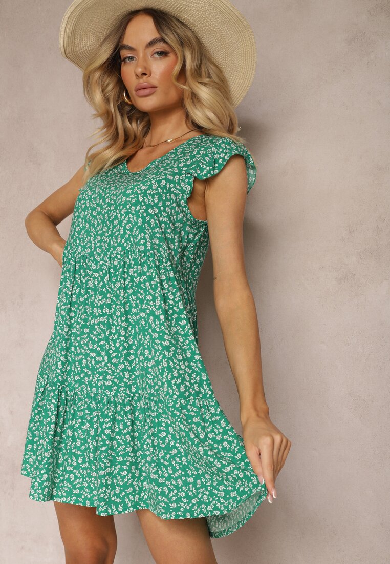 Rochie Evazată Verde din Bumbac Decorată cu Volănaș Crisandra