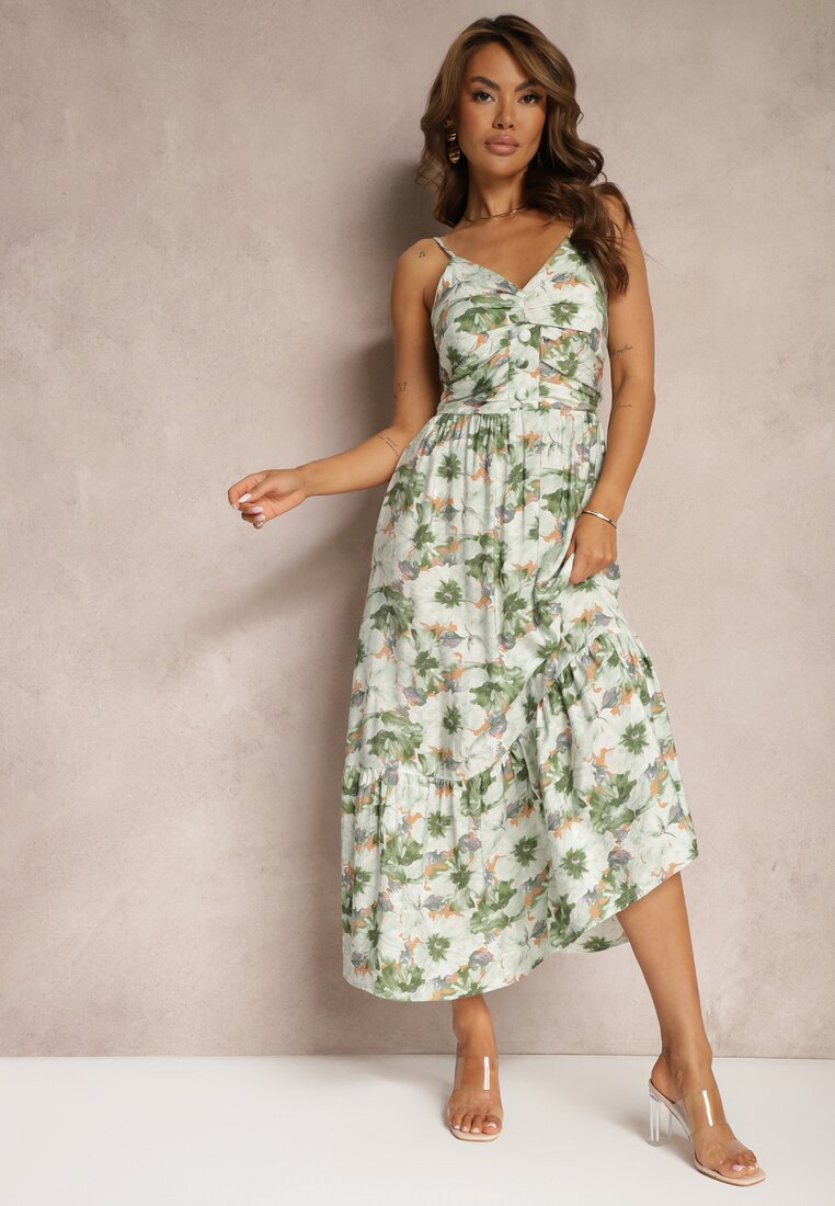 Rochie Cloș Verde Deschis cu Bretele, cu Șlițuri și Decorată cu Nasturi Dimline