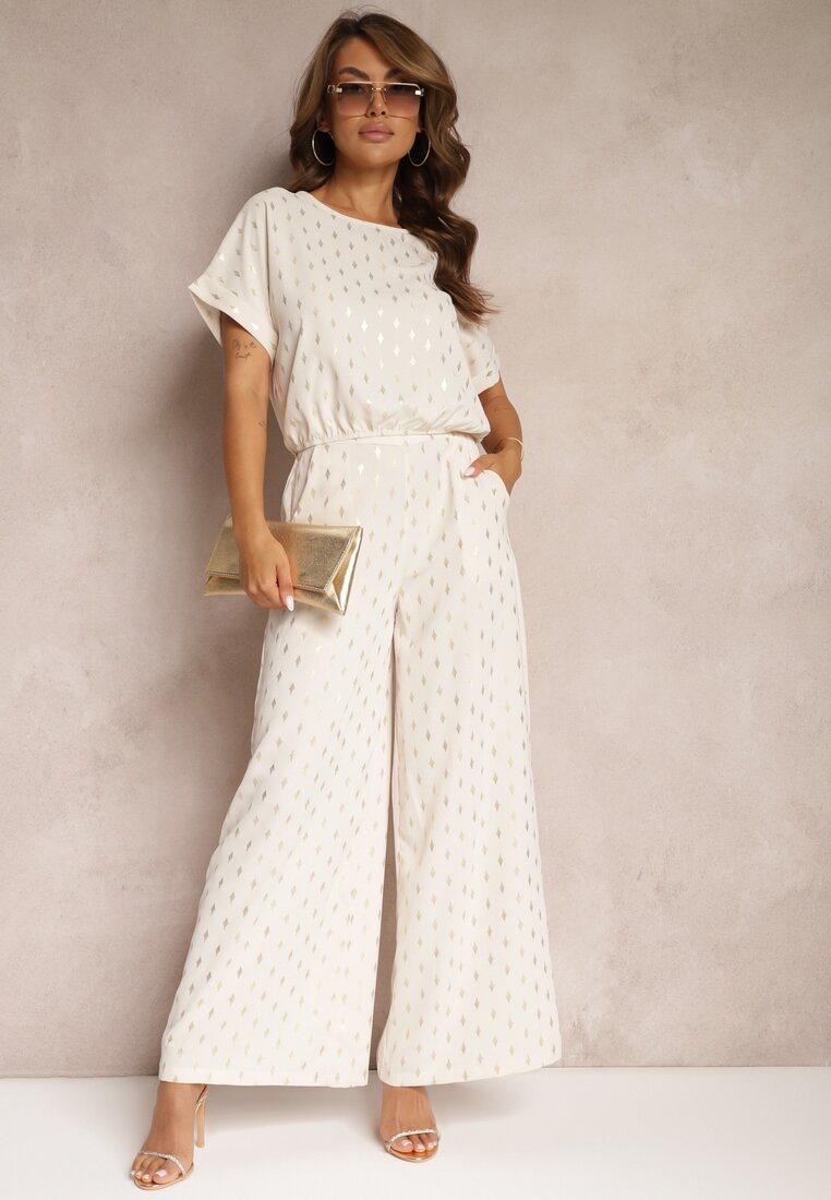 Compleu Casual Bej-Auriu Pantaloni Lungi și Bluză cu Elastic în Talie Acrinna