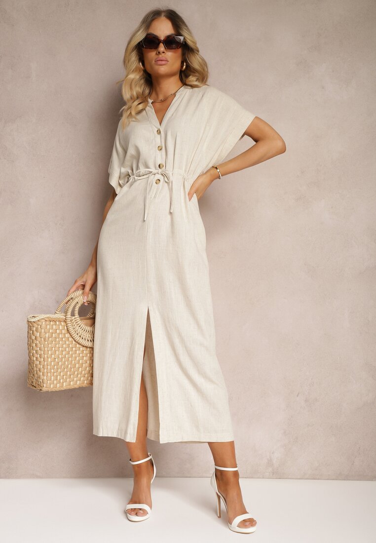 Rochie bej din bumbac cu partea superioară tip cămașă, cu talia strânsă Viklia