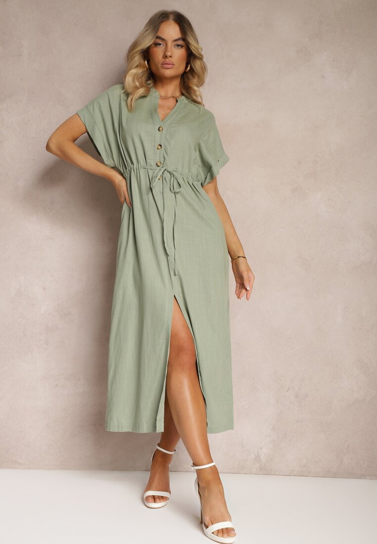 Rochie Verde închis din bumbac cu o parte superioară tip cămașă strânsă în talie Viklia