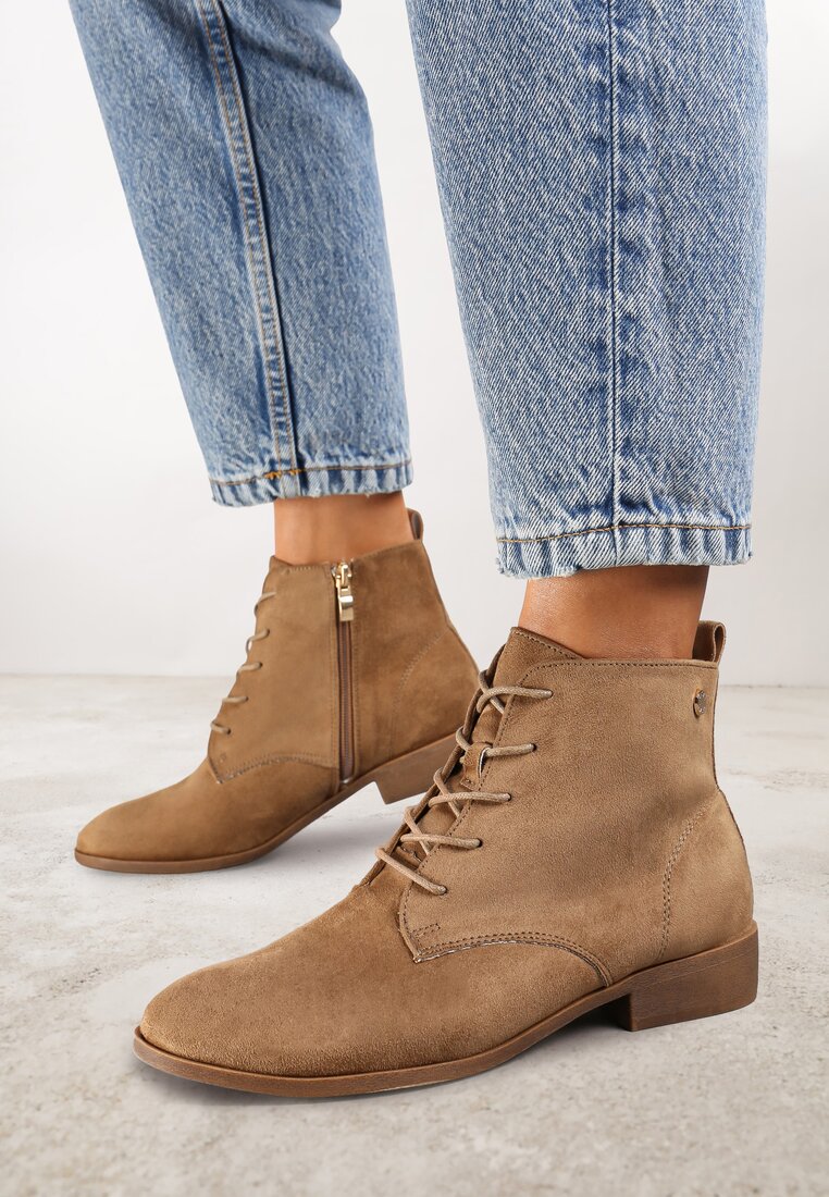 Botine Bej închis Legate pe Talpă Plată Erithara