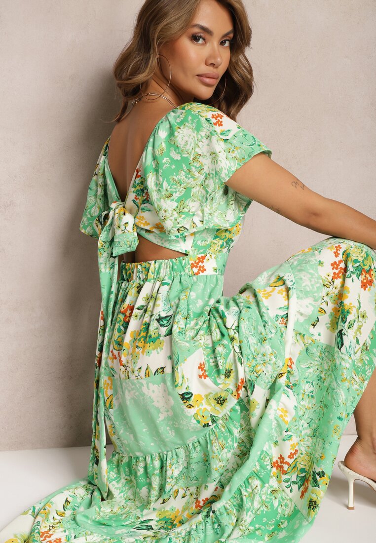 Rochie Verde Legată la spate cu Volan și Elastic în talie Dimille