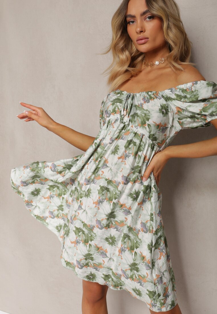 Rochie Verde-Bej cu Decolteu legat și Mâneci bufante cu elastic la spate cu model floral Vikolla