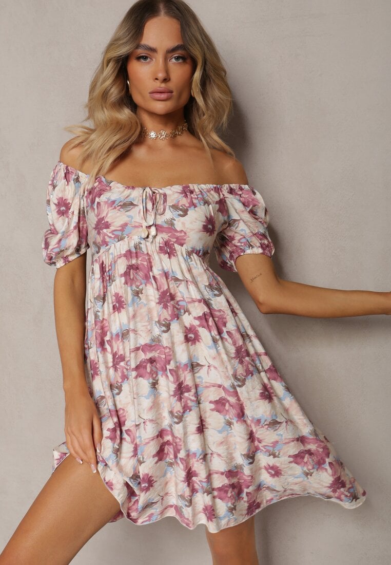 Rochie Roz-Bej cu decolteu legat și mâneci bufante cu elastic la spate cu imprimeu floral Vikolla