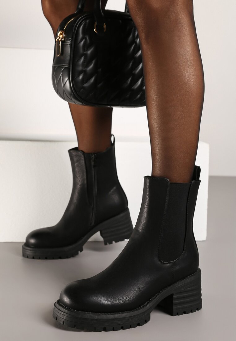 Botine Negre Căptușite pe Toc Gros Stil Cizme Chelsea Decorate Lateral cu Elastic Crethea