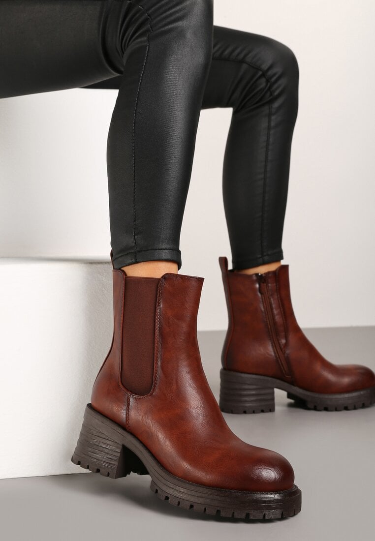 Botine Căptușite Maro cu toc gros tip Chelsea decorate lateral cu elastic Crethea