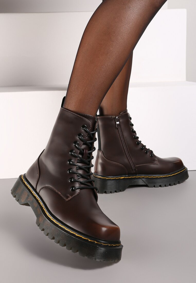 Botine Maro Cu șireturi Căptușite Cu platformă Stil worker Crecca