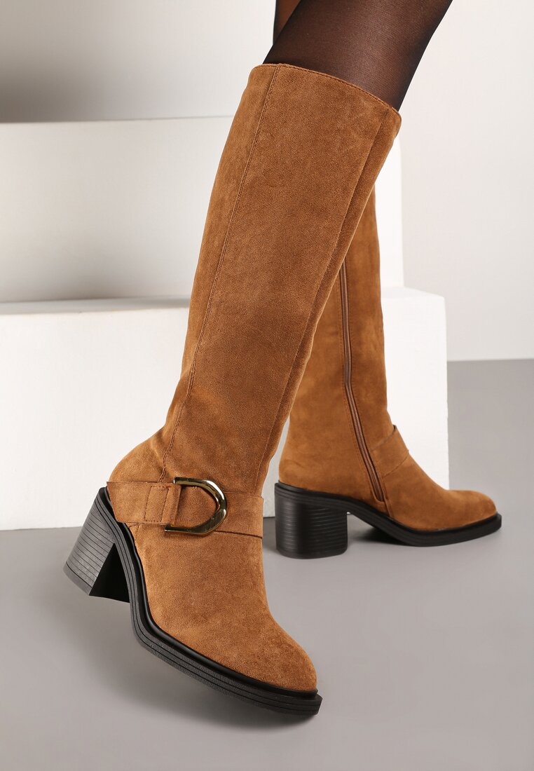 Cizme Maro Vices cu Toc Gros cu Cataramă Decorativă și Căptușeală Moriti