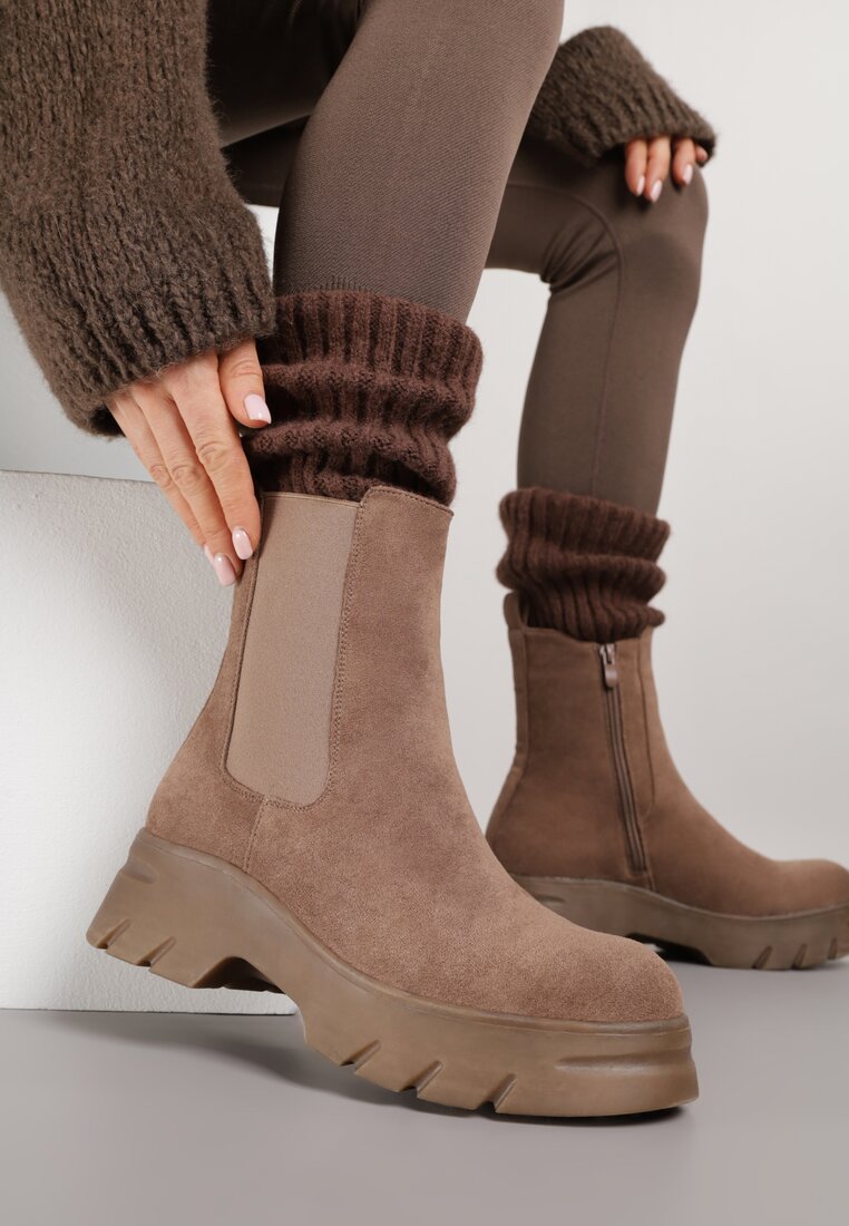 Botine Chelsea Bej închis cu platformă cu gambă elastică Mavita