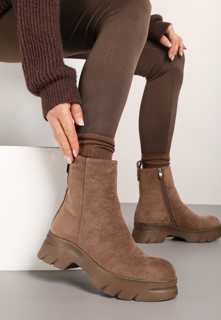 Ghete Casual Bej închis din piele întoarsă ecologică pe platformă Naolara