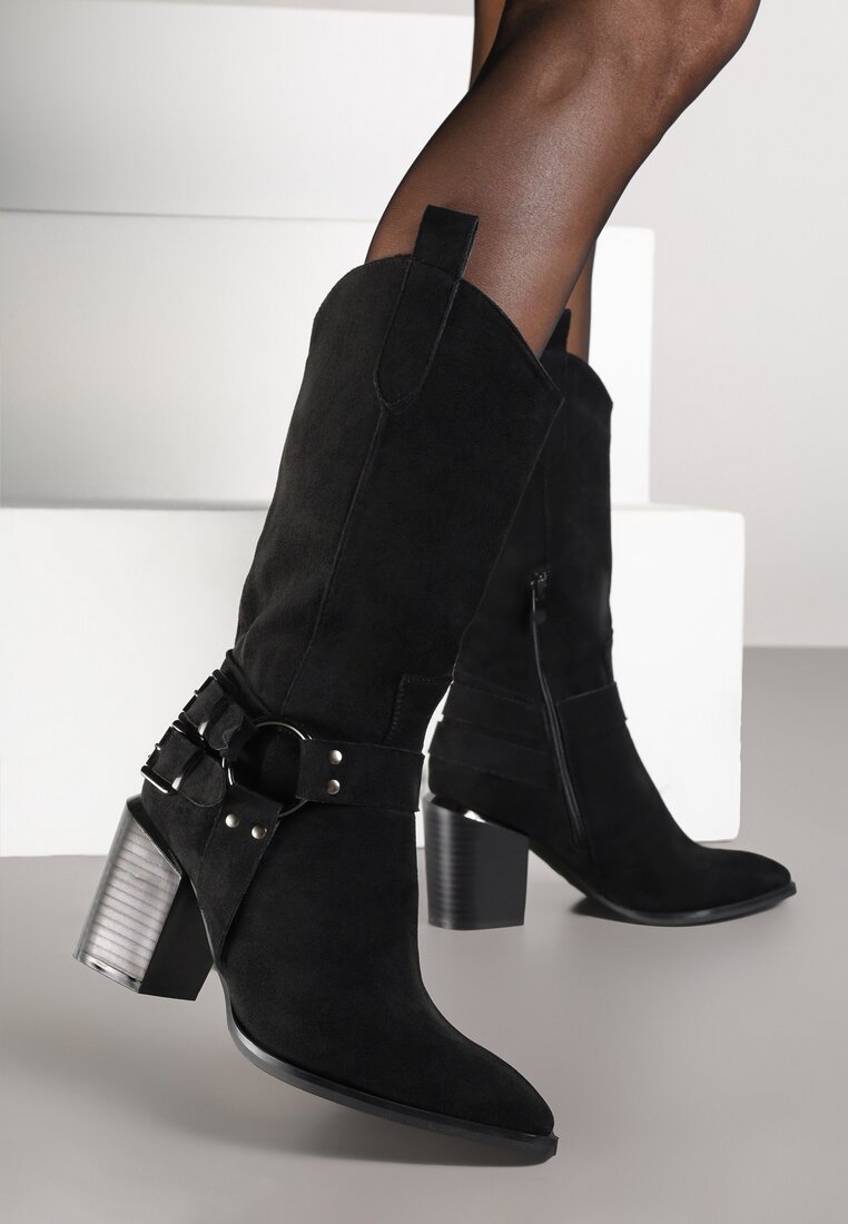 Cizme Negre Cowboy stil Biker cu toc bloc Ansabelle