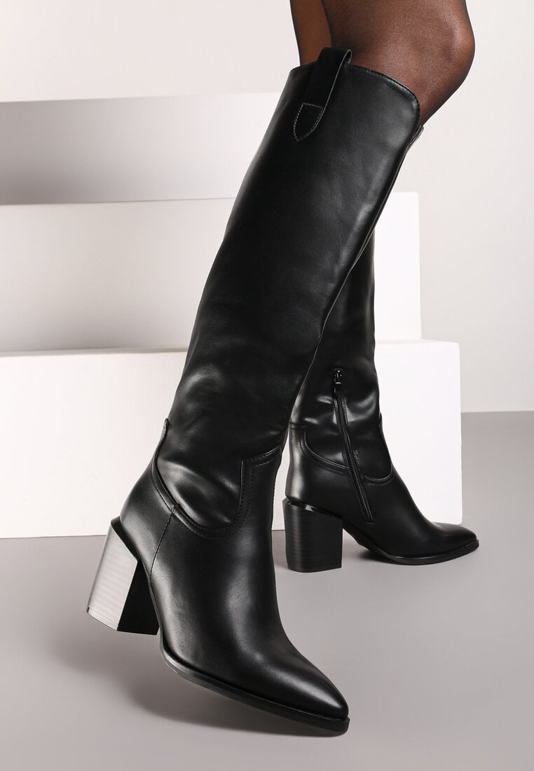 ブラック na様 Czarne kozaki za kolano damskie na klocku i platformie Casu