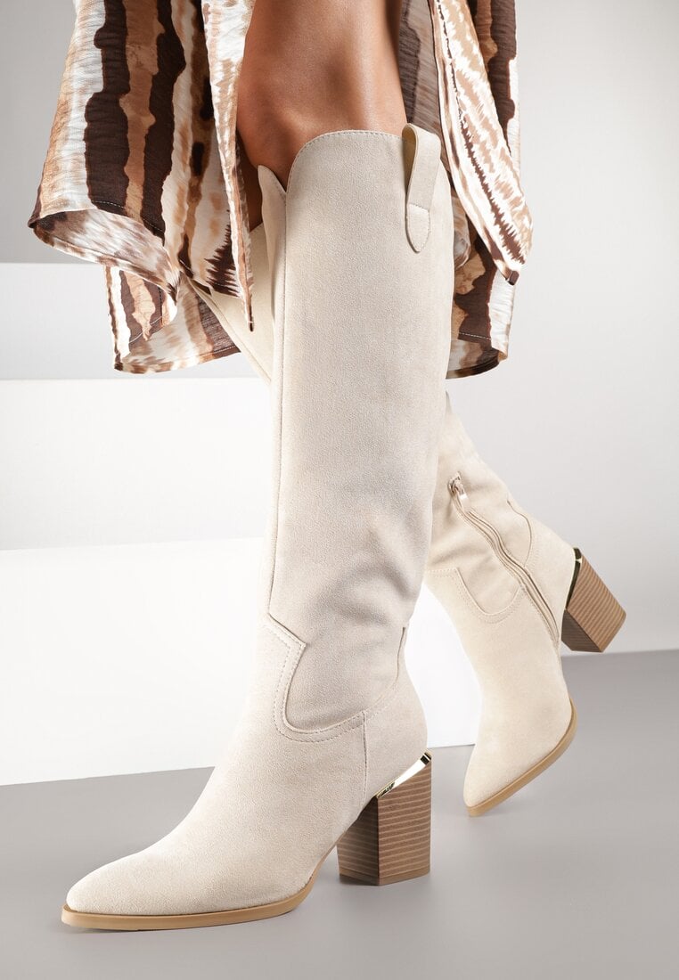 Cizme Bej Vices cu Toc Gros Decorate cu Inserție Metalică Moriane