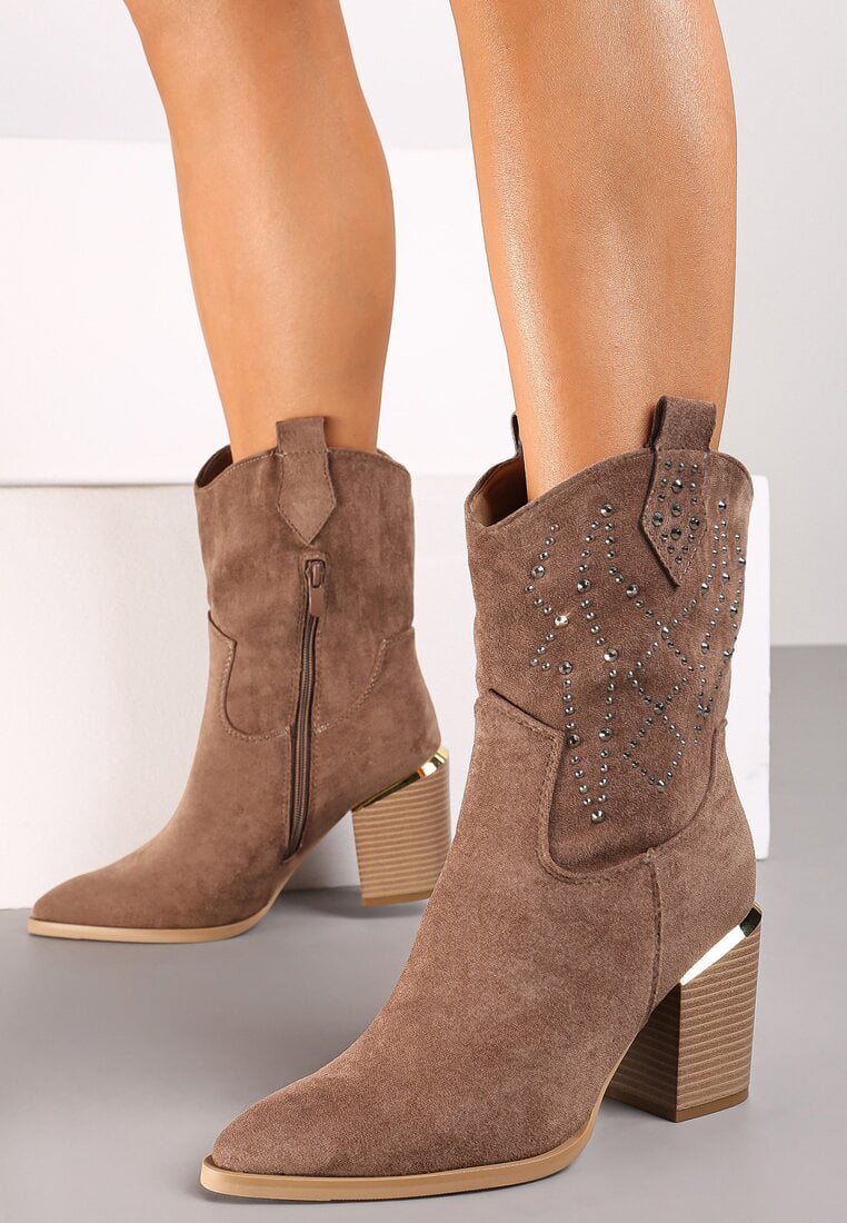 Ghete bej închis cu toc bloc stil cowboy Irilianne