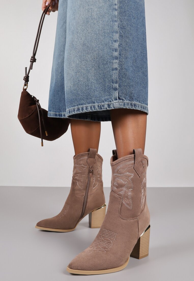 Botine perforate bej închis cu toc bloc în stil cowboy Mevith