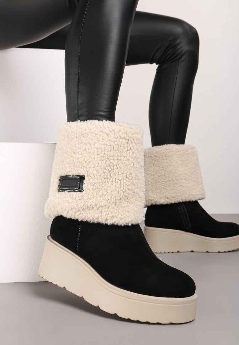 Ghete Negre cu talpă pană decorate cu blăniță în stil de miel Asdora