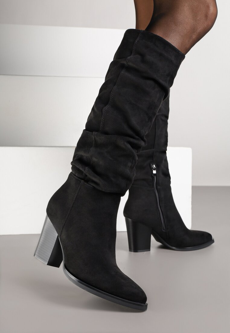 Cizme Negre din Piele ecologică întoarsă cu Toc Tip bloc cu Încrețituri la Gambă Railaria