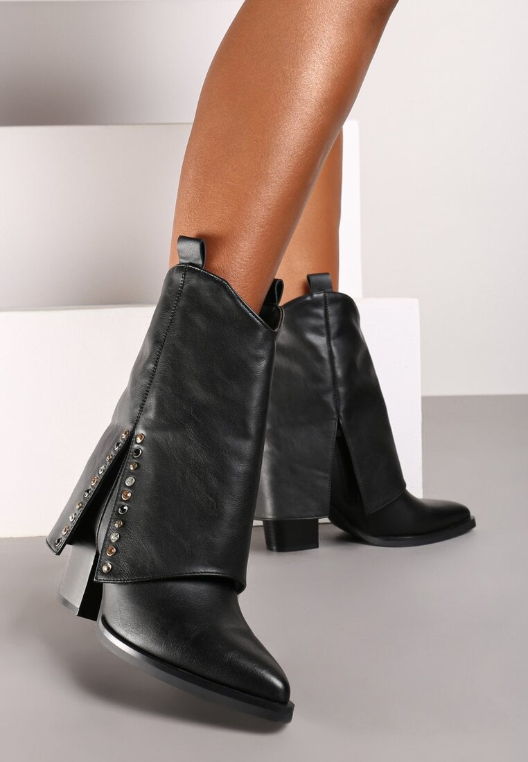 Botine Negre Cowboy pe Toc Conic cu Manșetă Îndoită Mavora