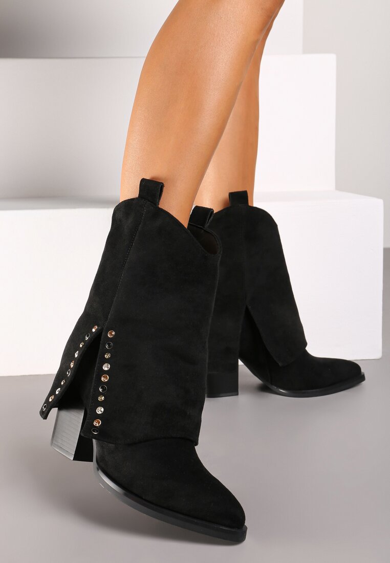 Ghete Negre cu toc conic cu manșetă răsfrântă și cu zirconii Movene