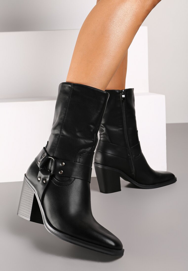 Botine Negre Căptușite cu Toc Conic cu Cataramă Decorativă Verinique