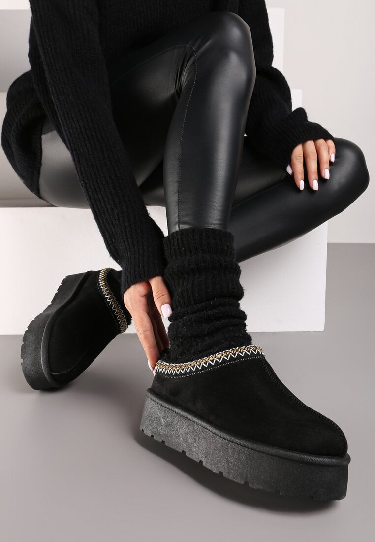 Cizme de zăpadă Negre cu bareta brodată pe platformă Iridalia