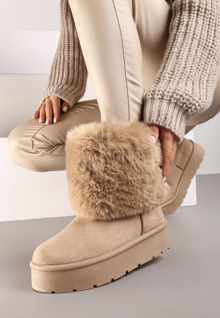 Cizme de zăpadă bej închis cu talpă groasă decorate cu blană Naolani