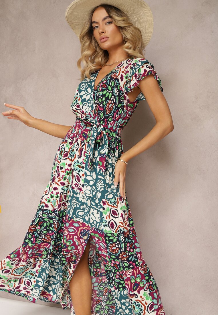 Rochie Violet-Verde cu Mânecă Scurtă din Vâscoză cu Elastic în Talie cu Cordon din Material și Strasuri