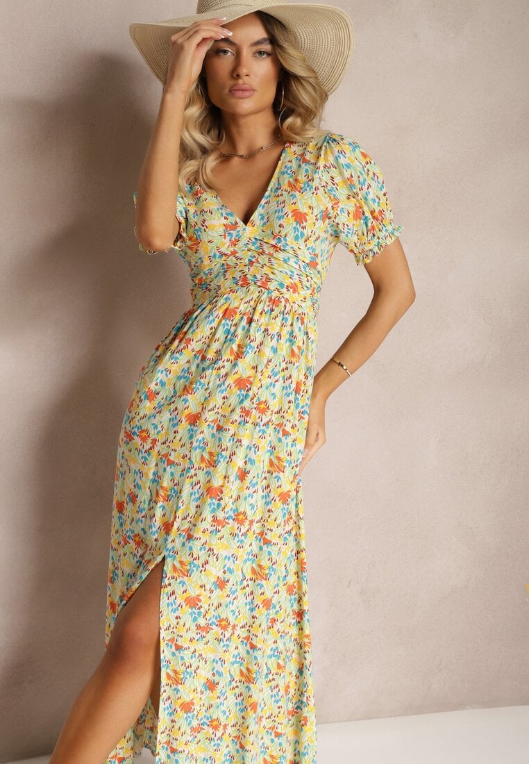 1. Rochie Portocalie Din Viscoză Cu Cusături Încrețite, Despicătură Pe Picior Și Elastic În Talie Missalene