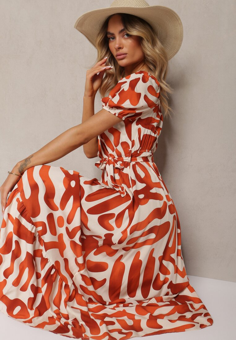 Rochie Portocalie din Viscoză cu Decolteu Triunghiular și Elastic în Talie cu Cordon din Material Viketa