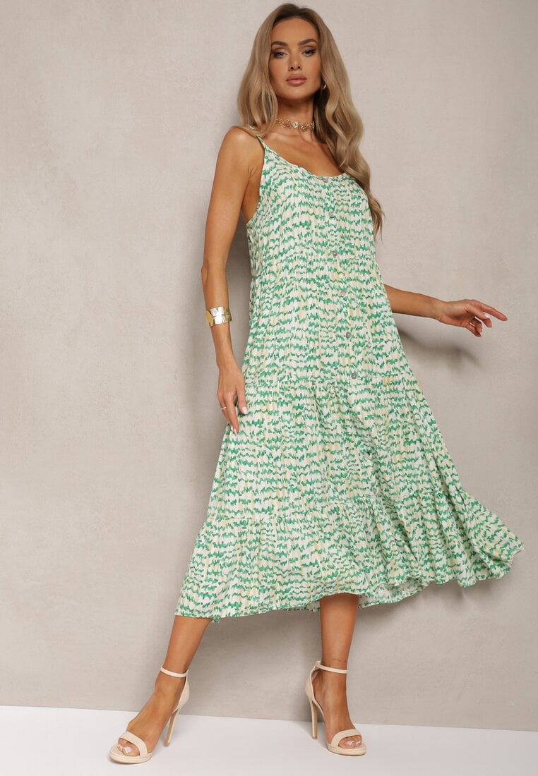 Rochie Verde din Vâscoză cu Bretele Reglabile cu Volan și Nasturi Vikisha