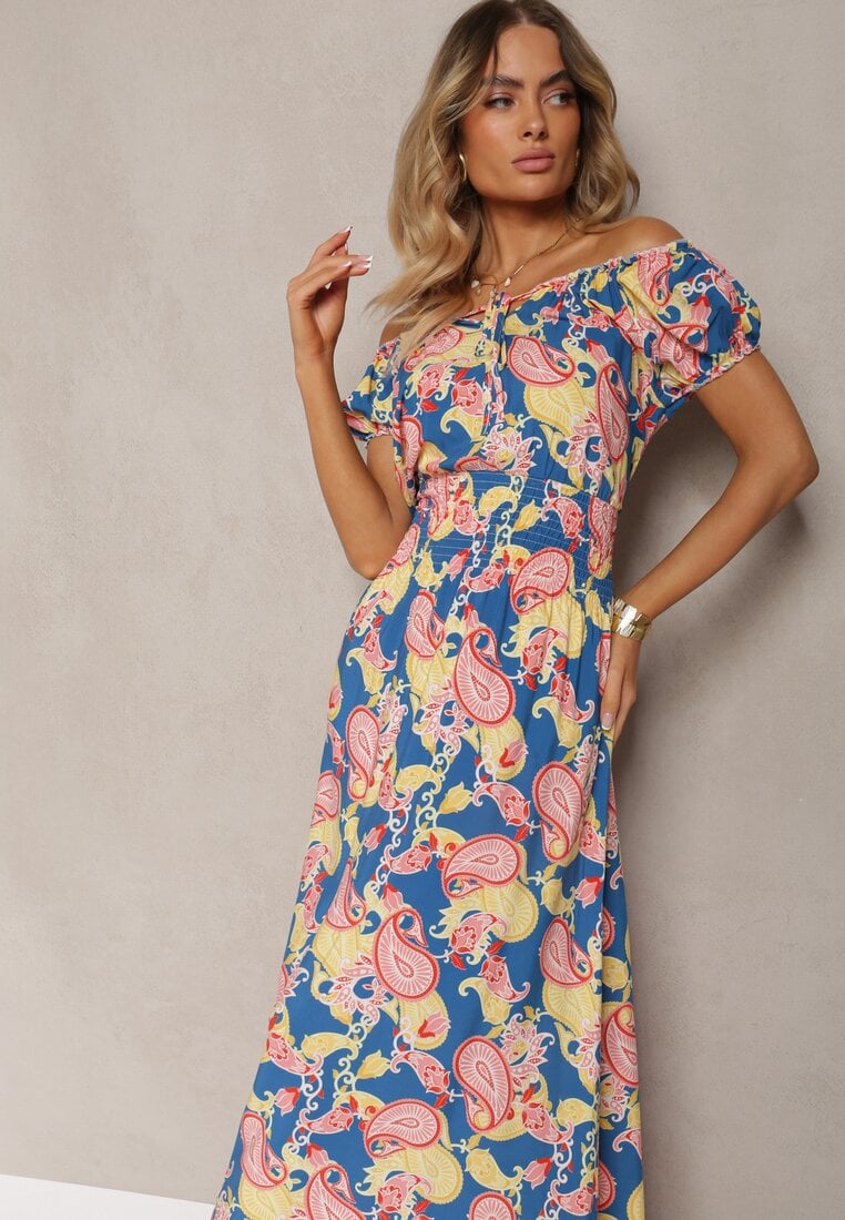 Rochie Albastru-Roz din Bumbac cu elastic în talie Baletta