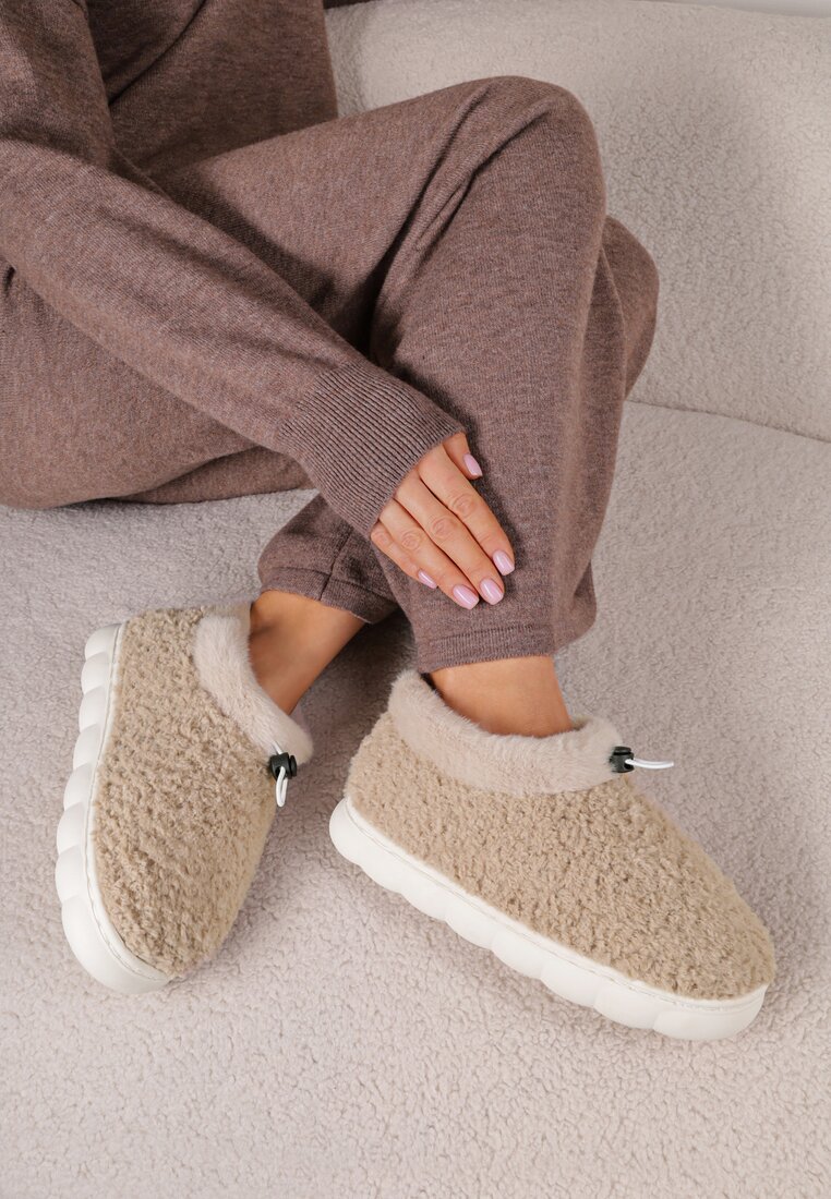 Papuci Bej închis Vices cu Blană și Bandă Elastică Suplimentară Calavina