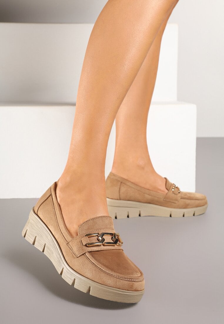 Pantofi Bej închis Mocasini cu Talpă pană cu Relief și Branț din Piele Naturală și Lanț Cariella