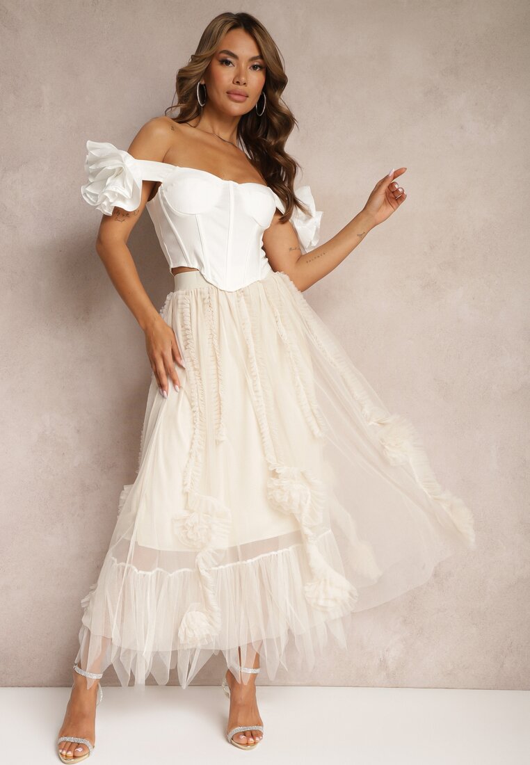 Fustă bej deschis Talie înaltă cu elastic în talie și finisaj plasă Vikkissa