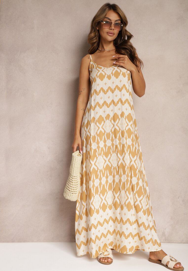 Rochie Bej din Viscoză cu Bretele cu Croială Cloș și Model Geometric Xervidia