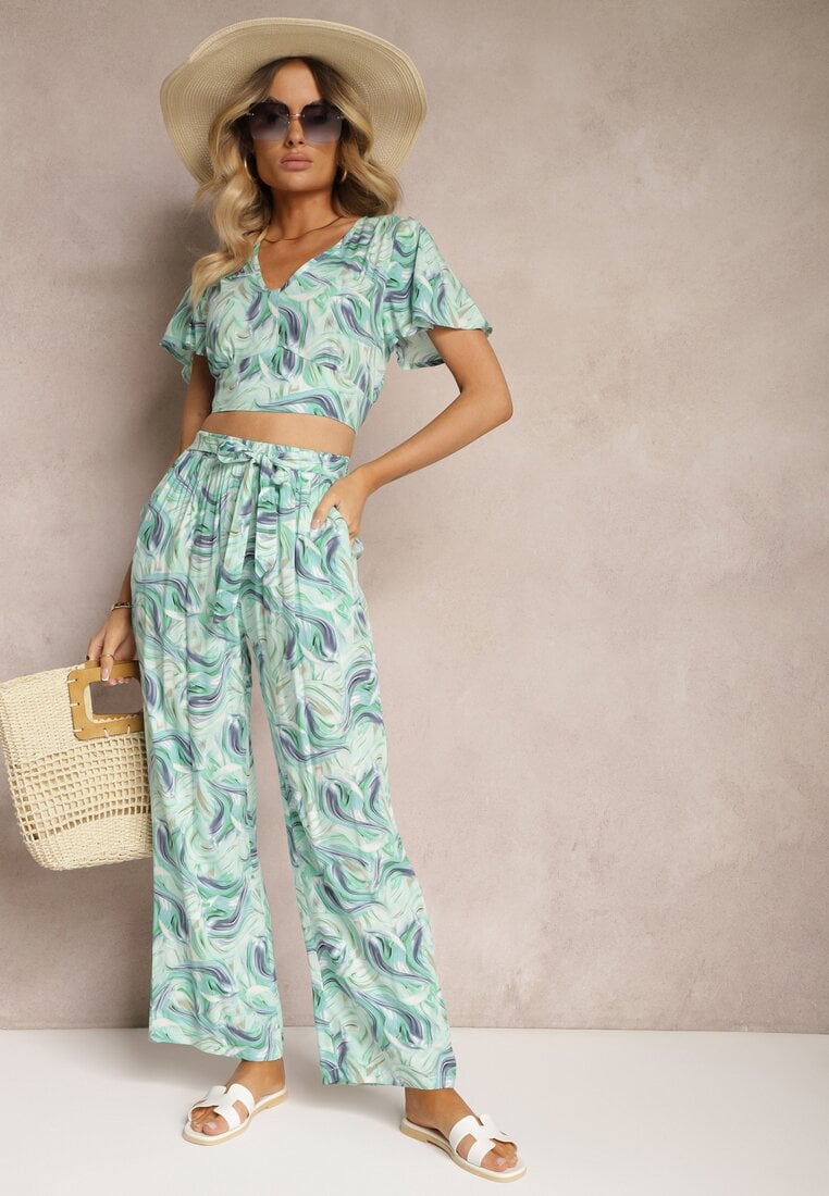 Compleu Albastru-Verde din Bumbac Top scurt cu croială tip cămașă Pantaloni cu elastic și șnur Areadia