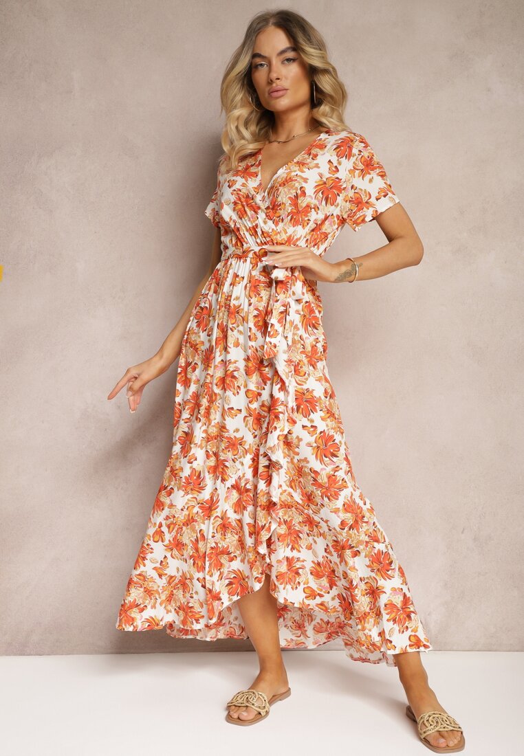 Rochie Portocalie Evazată din Viscoză cu elastic în talie și curea din material textil Vikllia