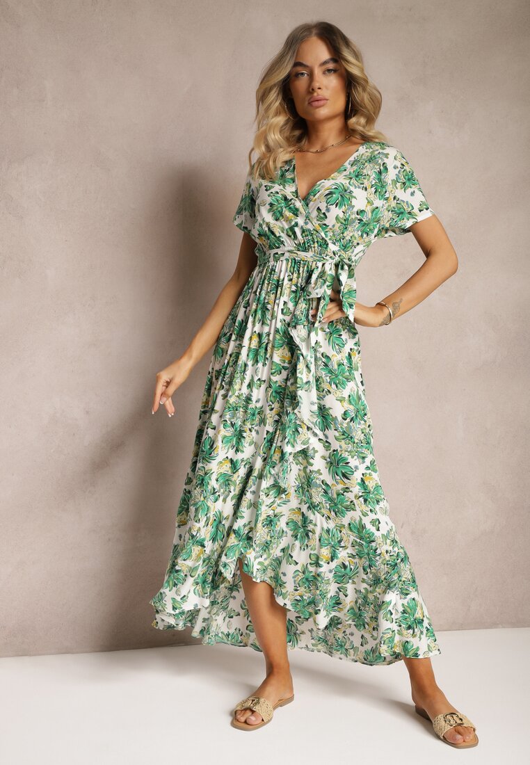 Rochie Evazată Verde din Viscoză cu elastic în talie și cordon din material Vikllia